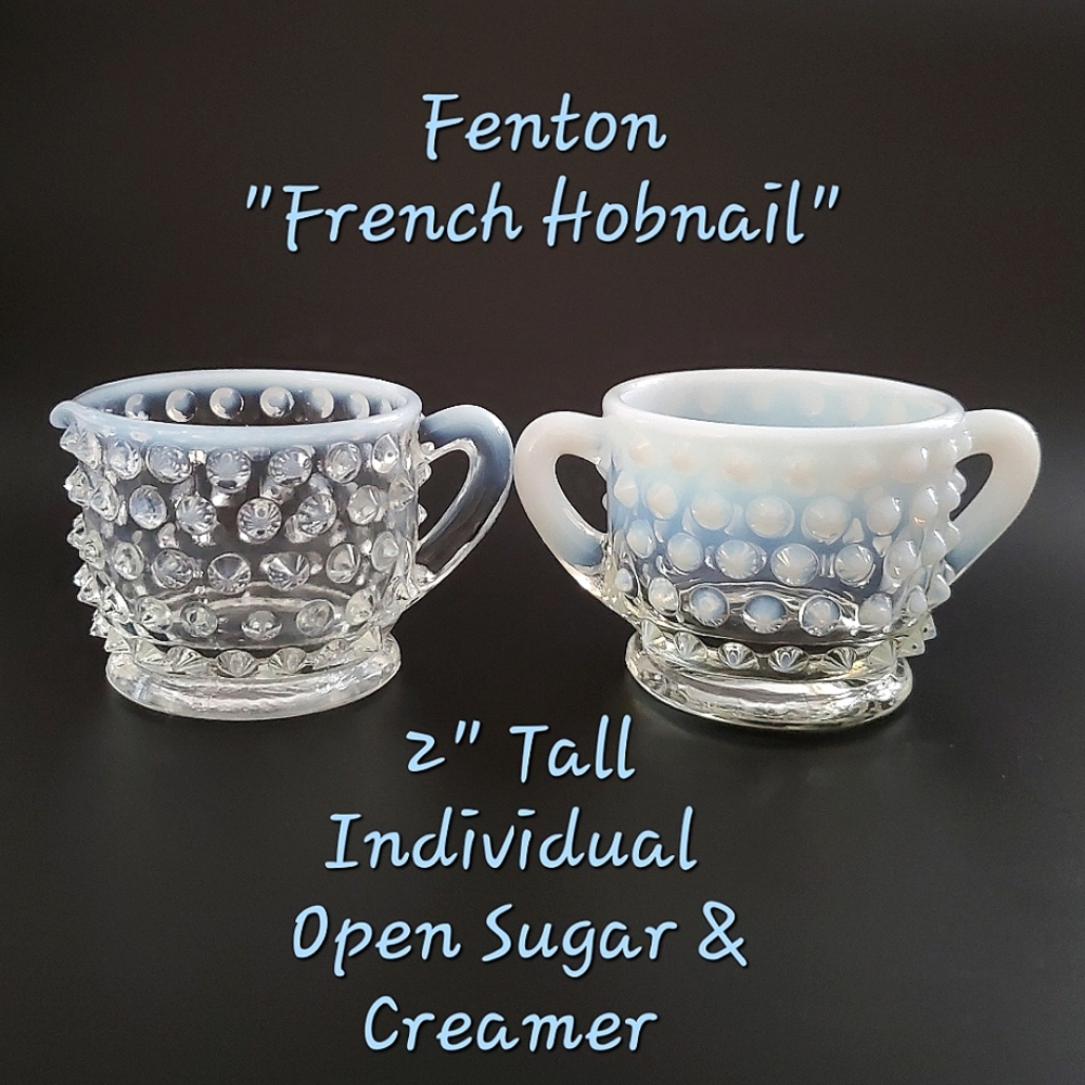 Vntg Fenton "French Hobnail Opalescent" AKA "Moonstone" 2" Mini Sugar & Creamer